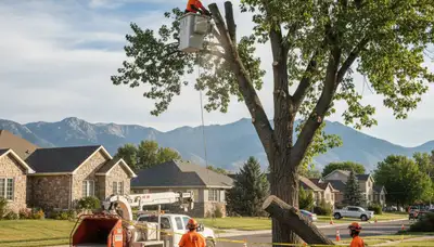 Professional tree removal crew using bucket truck and chainsaws in Ogden, UT residential neighborhood