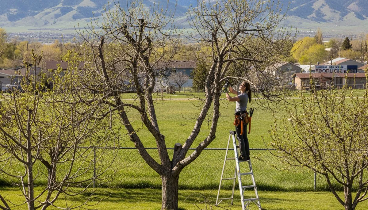 Arborist pruning fruit tree in Ogden UT backyard orchard for healthy growth and expert tree service