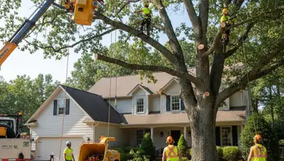 Arborists using bucket truck for large tree removal at Eden home near Ogden, UT ensuring property safety