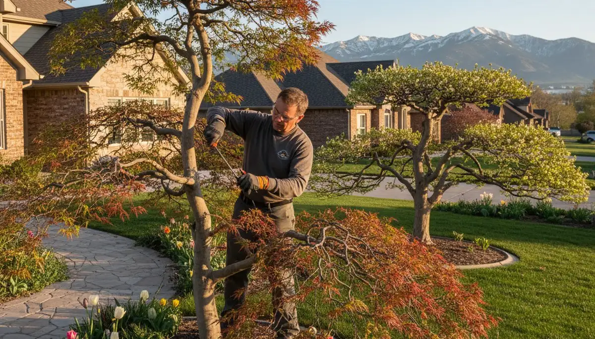 Arborist hand pruning Japanese maple for ornamental tree trimming in Ogden, UT yard