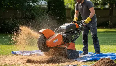 Professional stump grinding removing tree stumps on residential lawn in Eden, near Ogden UT