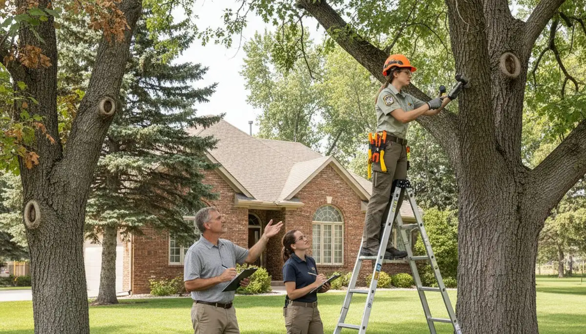 Certified arborist performing tree health assessment for Hill AFB homeowners near Ogden, UT