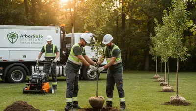 Arborists planting new trees in Ogden, UT for residential landscape improvement and soil preparation