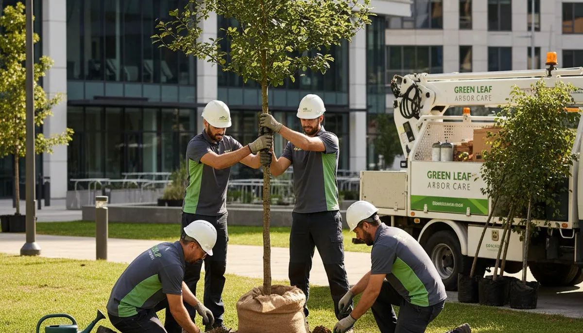 Arborist planting new tree in residential yard, professional tree planting service Ogden UT