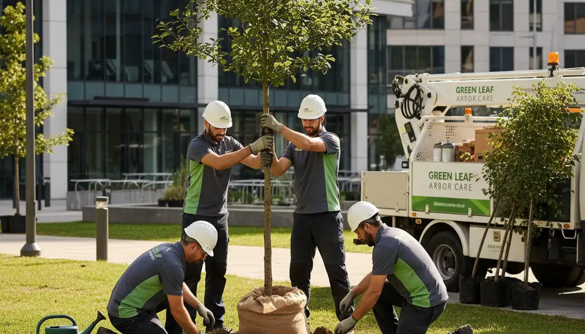 Arborist planting new tree in residential yard, professional tree planting service Ogden UT