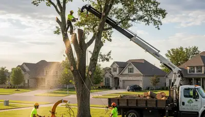 Professional tree removal crew cutting large oak tree in Ogden, UT backyard