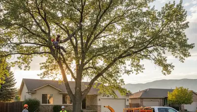Professional tree removal service in Ogden, UT safely cutting down large residential trees