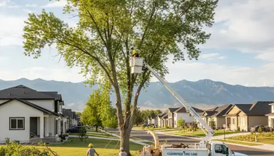Professional tree removal service in Ogden, UT safely cutting and clearing large residential trees