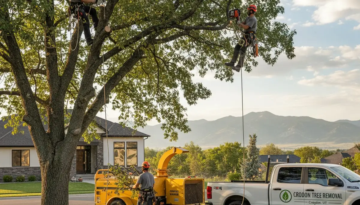 Professional tree removal service in Ogden, UT safely cutting down damaged oak tree