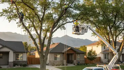 Professional tree removal service team working safely on large oak tree in Ogden, Utah