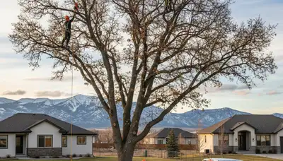 Professional tree removal service in Ogden, UT safely cutting and clearing large backyard trees