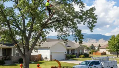 Professional tree removal service in Ogden, UT safely clearing large trees from residential property