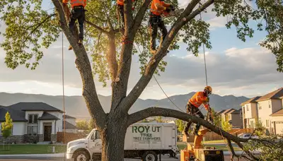 Professional tree removal service in Ogden, UT safely cutting down large pine tree