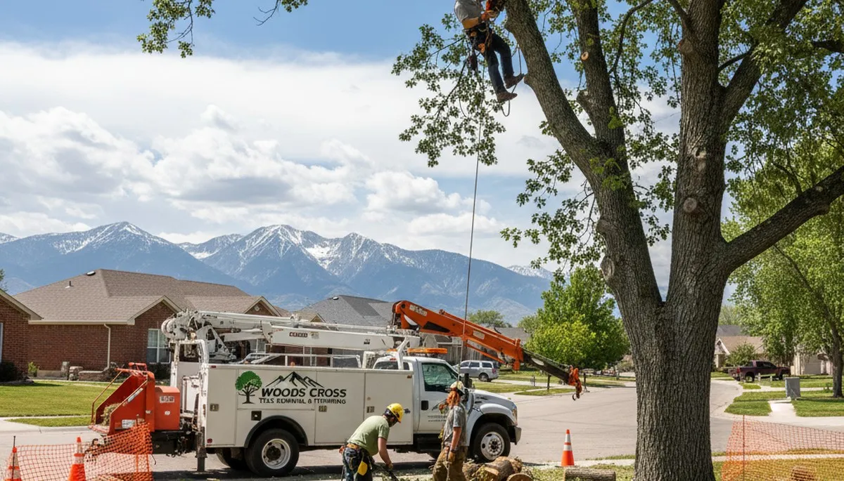 Professional tree removal crew working safely on large oak in Ogden, Utah
