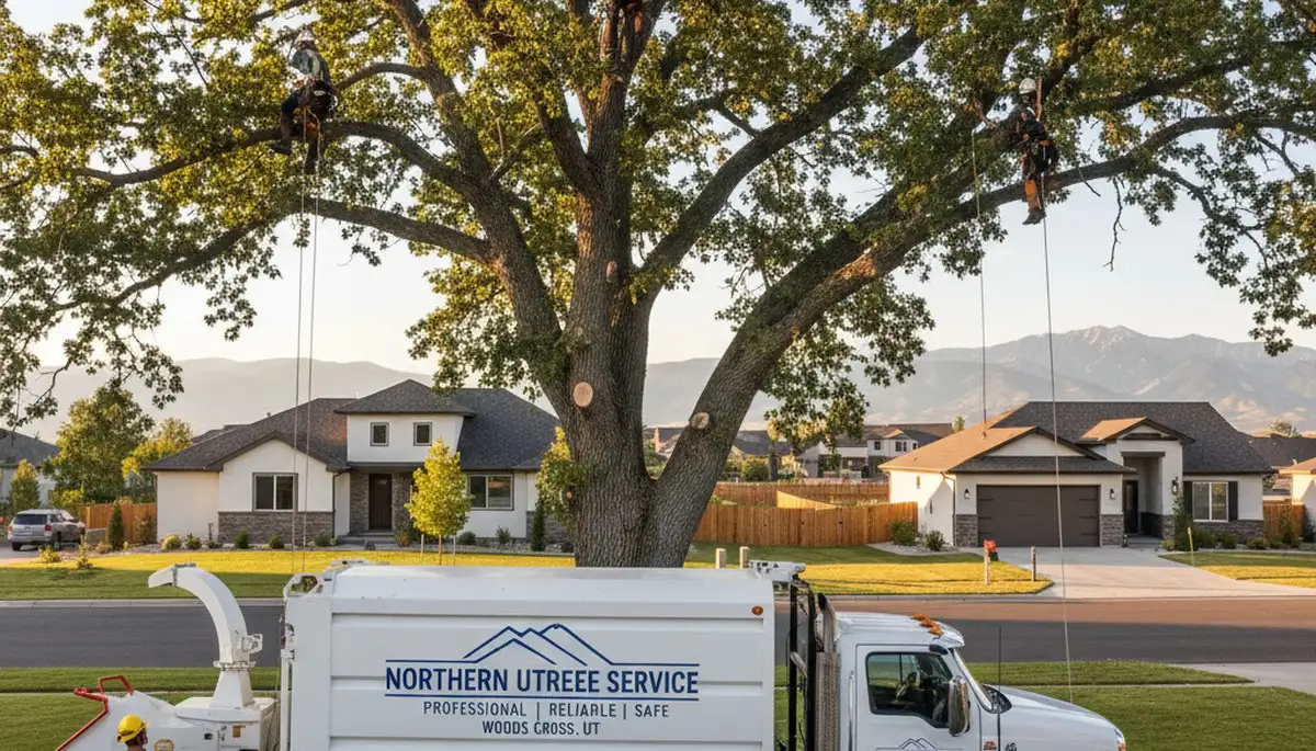 Professional tree removal service in Ogden, Utah safely cutting large tree near residential property